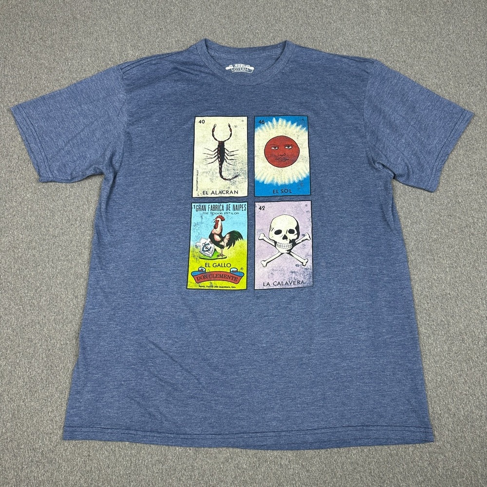 Loteria Don Clemente Mens XL T-Shirt Mexican Bingo Cards El Sol La Calavera Blue